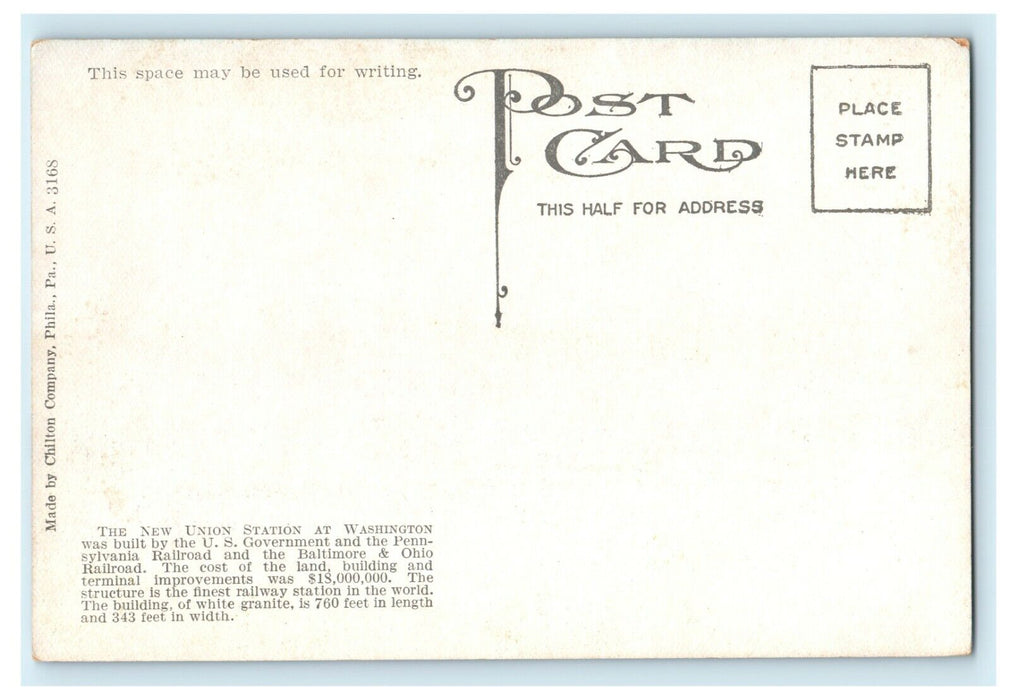 1909 Blue Sky Scene at Union Station Washington DC Antique Postcard