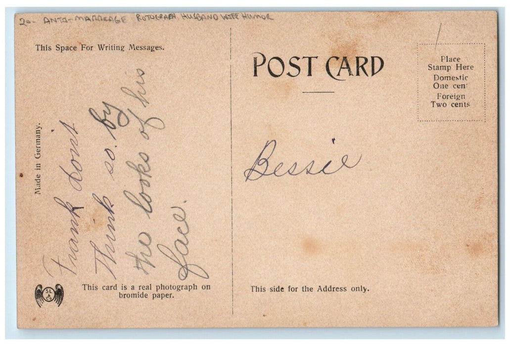 1909 Anti-Marriage Rotograph Husband Wife Humor RPPC Photo Postcard
