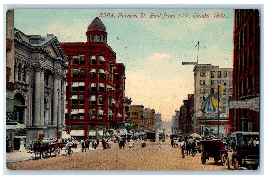 1913 Farnam Street East From 17th Carriages Omaha Nebraska NE Posted Postcard