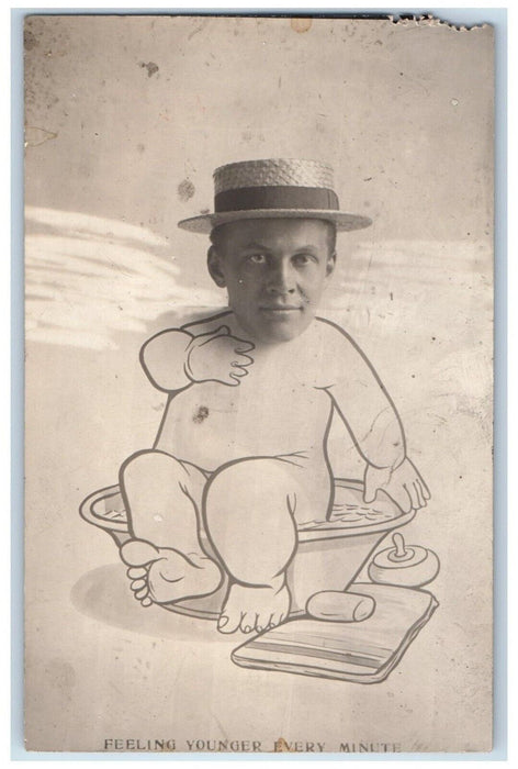c1910's Funny Caricature Man Baby Hat Bath Pacifier RPPC Photo Unposted Postcard