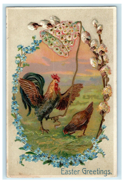 1908 Easter Greetings Chicken Rooster Flowers Bell Embossed Antique Postcard