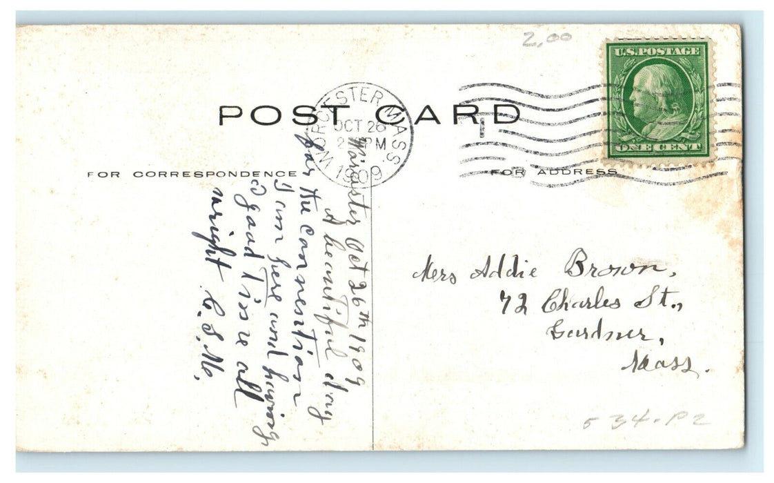 1909 First Baptist Church Worcester Massachusetts MA Posted Antique Postcard