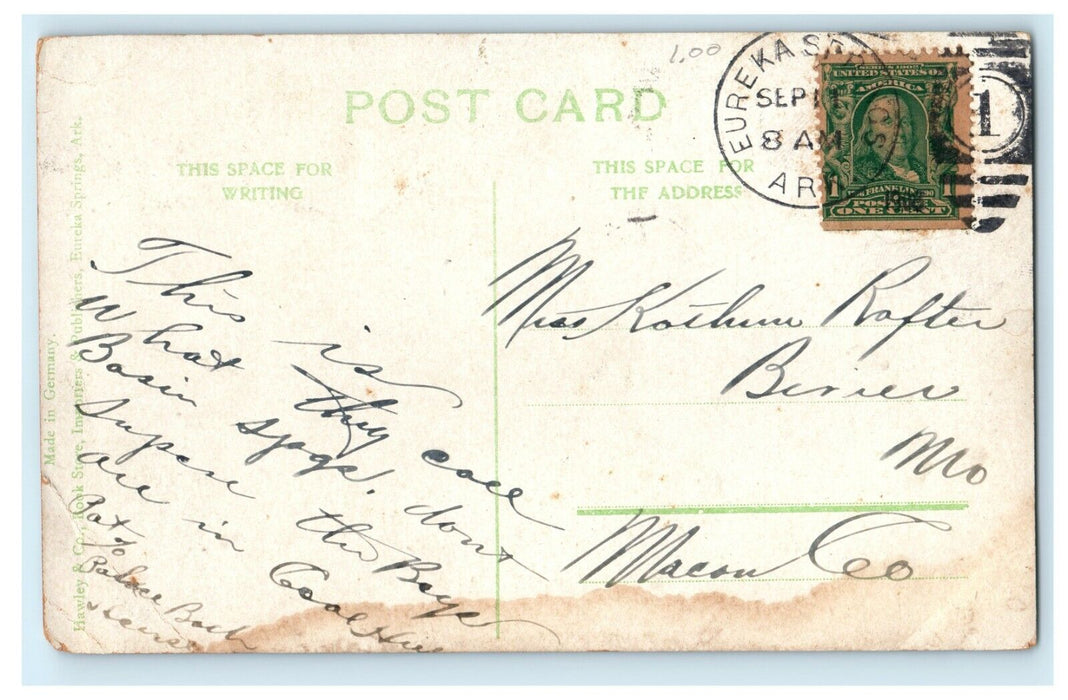 1908 Baslu Springs Fountain, Eureka Springs Arkansas AR Postcard
