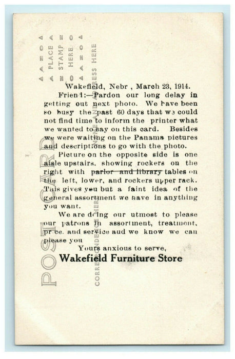 1914 Wakefield Furniture Store Interior Advertising RPPC Photo HansonPostcard
