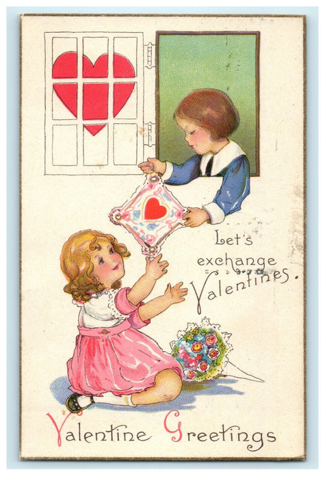 1930 Valentine Boy Girl Exchanging Bouquet And Letter Vintage Postcard