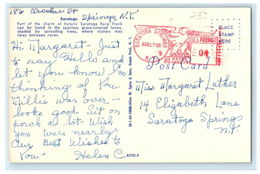1965 Saratoga Race Track Grass Covered Lawns Saratoga Springs New York Postcard