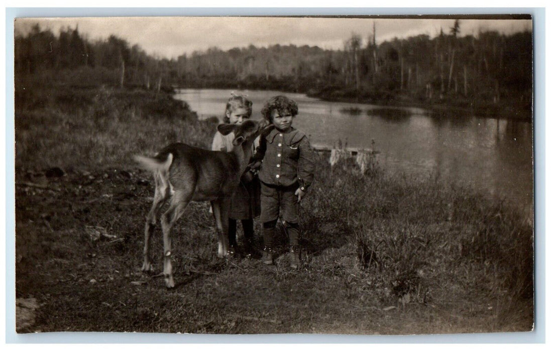 c1910's Candid Children Boy Girl Deer Lake View RPPC Unposted Photo Postcard