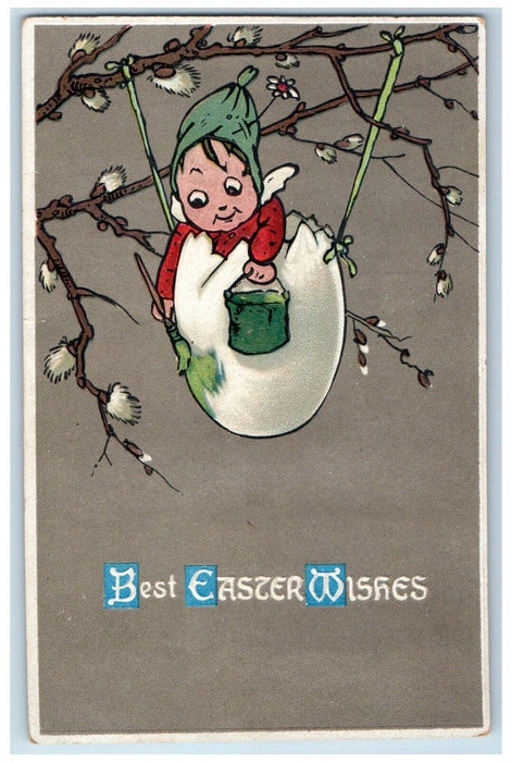 c1910's Easter Wishes Hanging Egg Boy Painter Embossed Clapsaddle Postcard