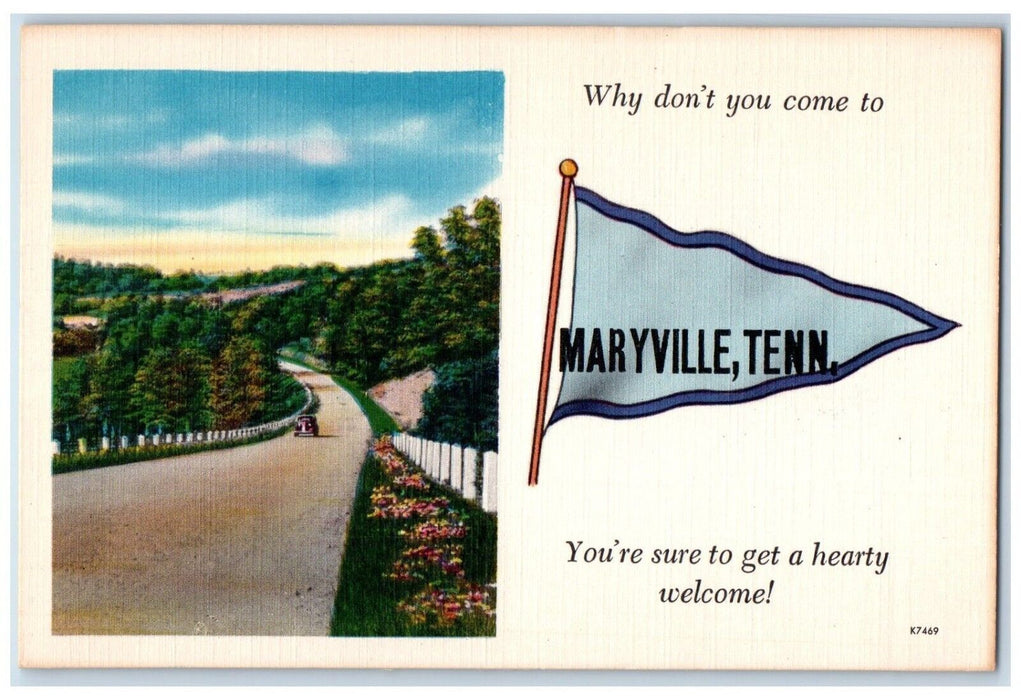 c1930's View Of Curve Road Car Maryville Tennessee TN, Pennant Flowers Postcard