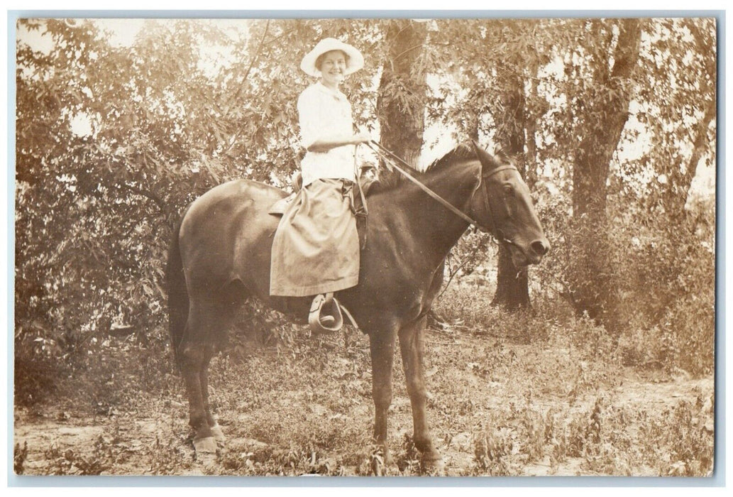 c1910's Woman Riding Horse Hat Saddle Forest RPPC Photo Unposted Postcard