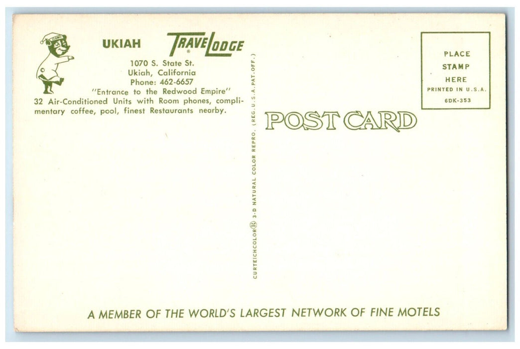 1960 Ukiah Travel Lodge State Entrance Redwood Empire Ukiah California Postcard