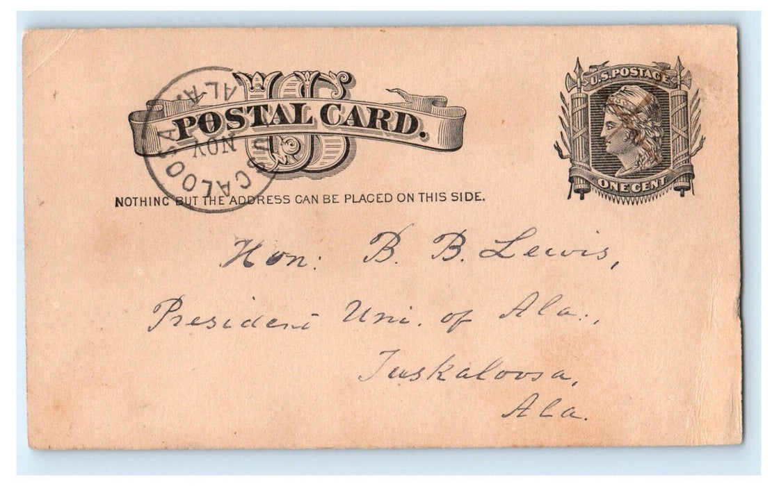 1882 University Alabama President Burwell Lewis Tuscaloosa AL Postal Card