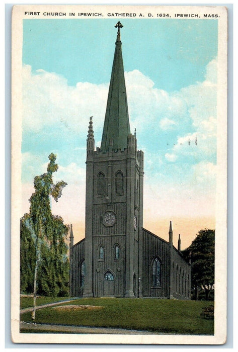 1940 First Church In Ipswich Clock Tower Massachusetts MA Vintage Postcard