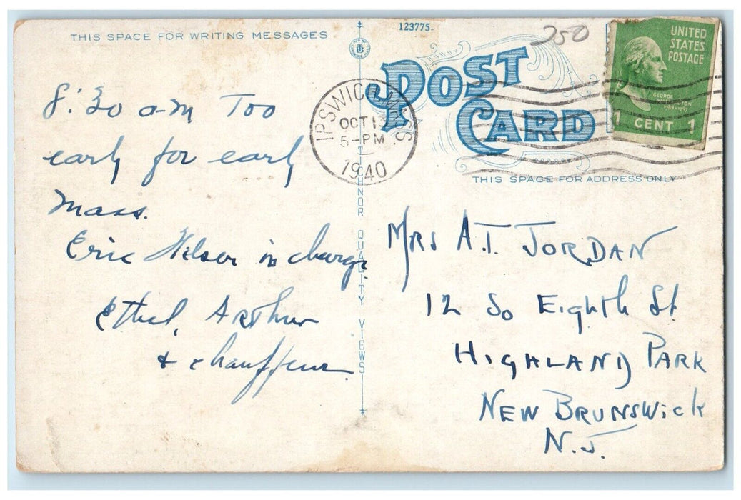 1940 First Church In Ipswich Clock Tower Massachusetts MA Vintage Postcard