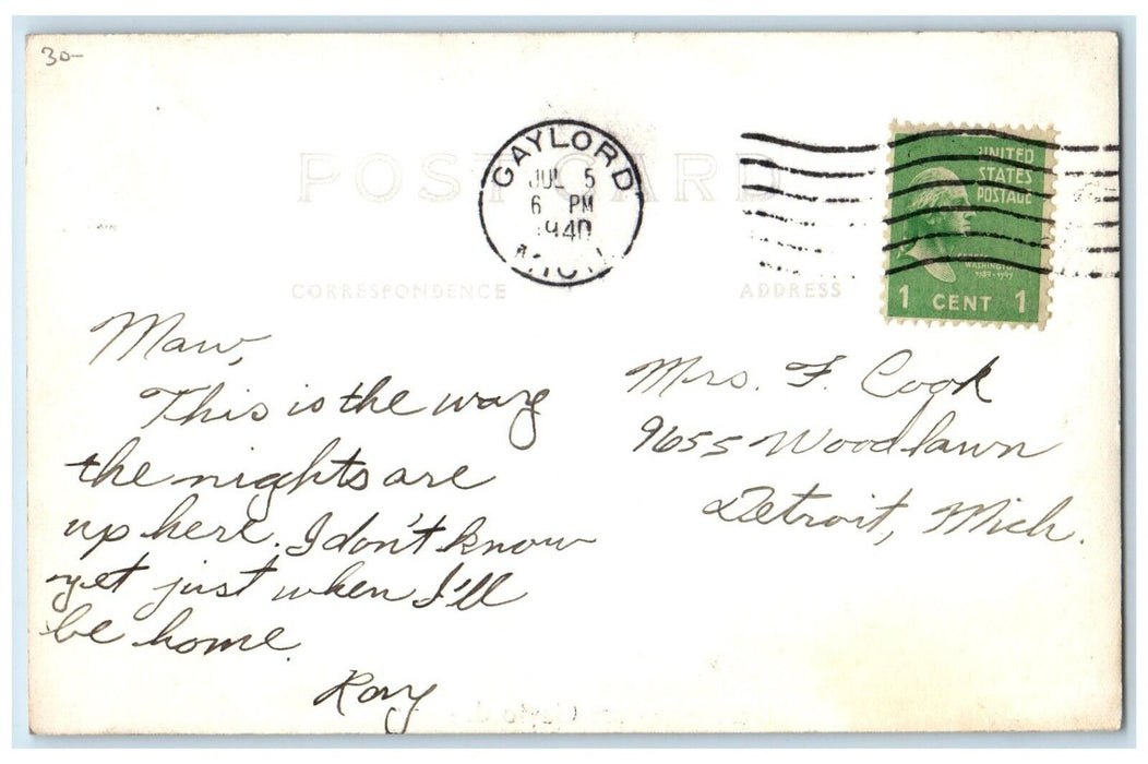 1940 Greetings From Gaylord Snow Scene Winter Trees MI RPPC Photo Postcard