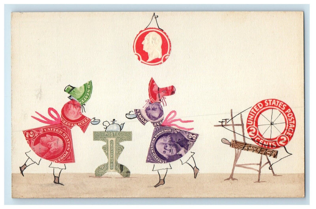 c1910 Decoupage Stamp Art Cut Out Kitchen Spinning Wheel Tea Collage Postcard