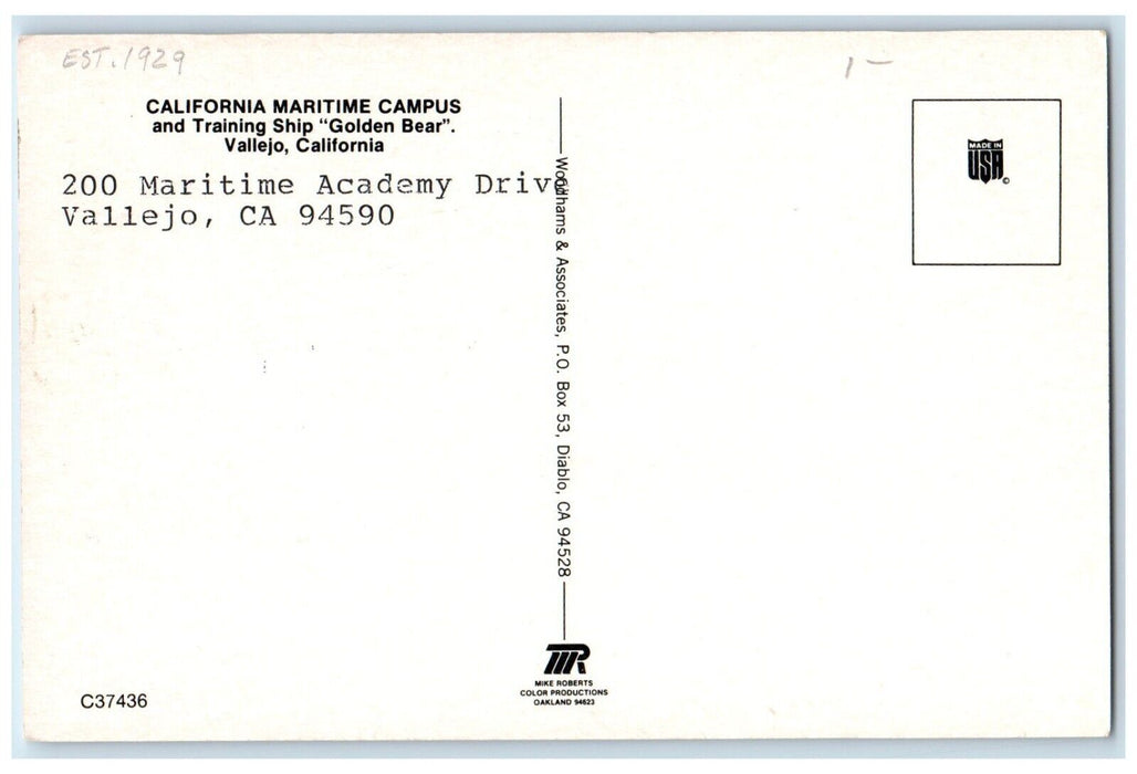 1960 California Maritime Campus Training Steamer Golden Bear Vallejo  Postcard