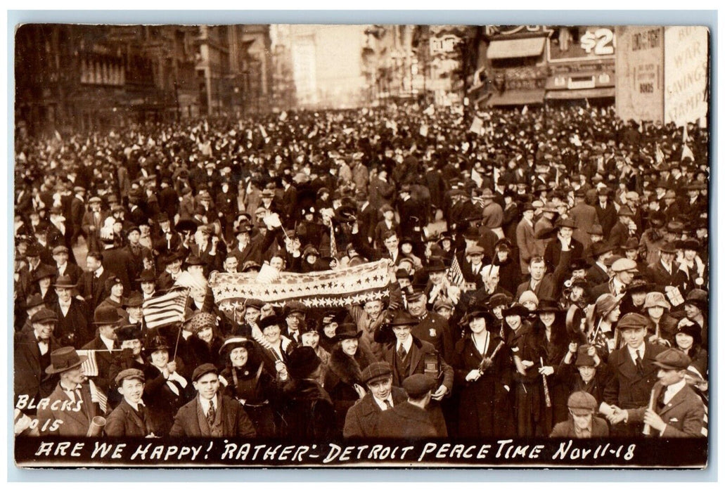 1918 Nov. 11th End Of WW1 Parade Celebration Flag Detroit MI RPPC Photo Postcard