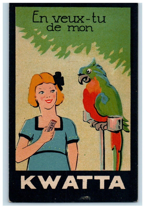 c1920's Kwatta Chocolate Bar Advertising Parrot Girl Art France Postcard