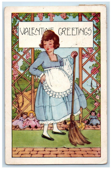 1924 Valentine Greetings Woman Maid Cleaning Doll Toys New Freedom PA Postcard