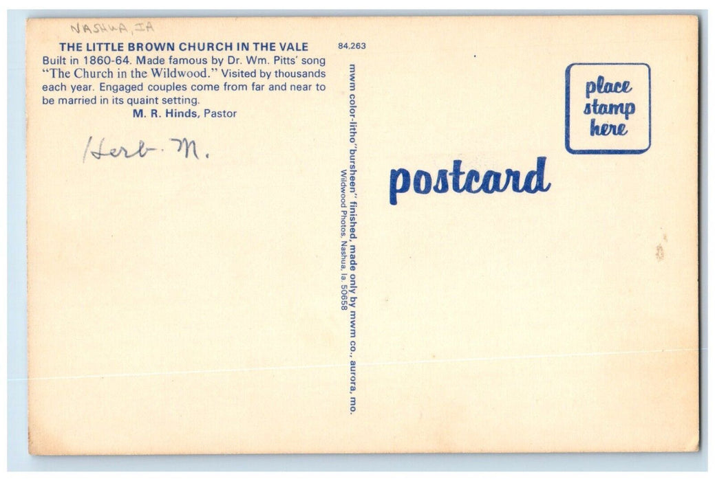 The Little Brown Church In The Vale Dirt Road Interior Nashua Iowa IA Postcard