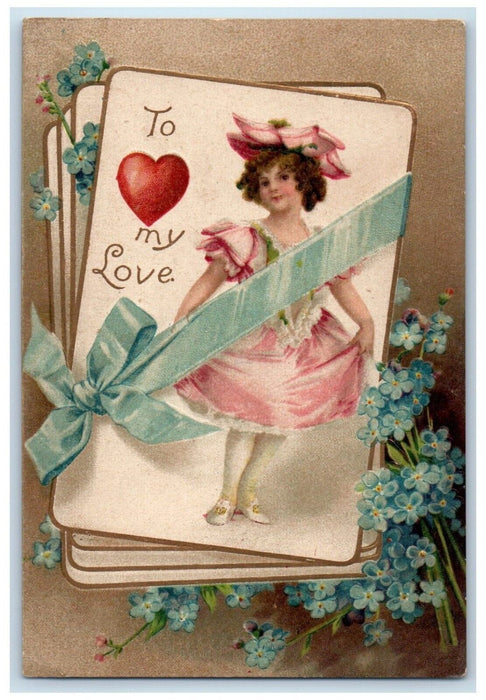 c1910's Valentine Girl Cards Ribbon Pansies Flowers Clapsaddle Antique Postcard