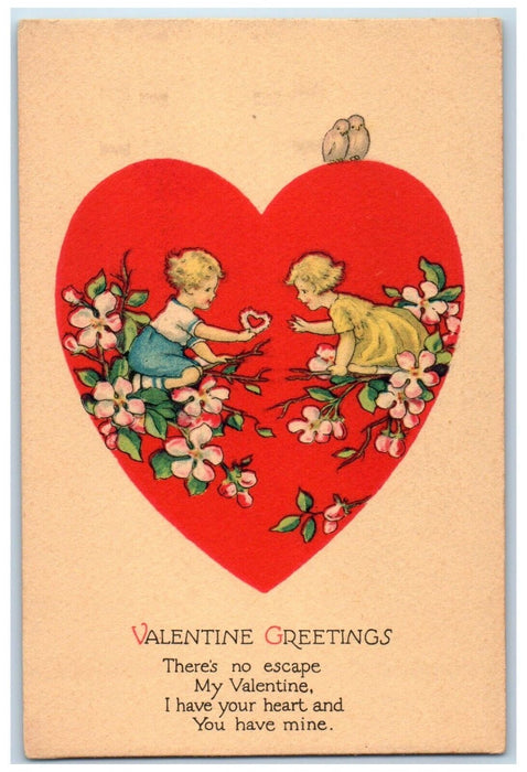 c1910's Valentine Greetings Giant Heart Sweet Little Children Antique Postcard