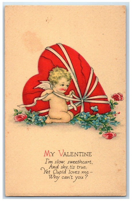 c1910's Valentine Angel Wrapping Big Heart Roses Pansies Flowers Posted Postcard