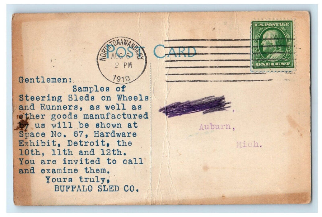 1910 Advertising Buffalo NY Sled Co. Child Hardware Exhibit Detroit MI Postcard