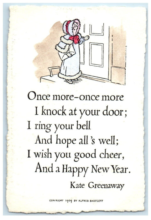 c1920's Kate Greenaway New Year's Card Art Girl with Letter Knocking Postcard