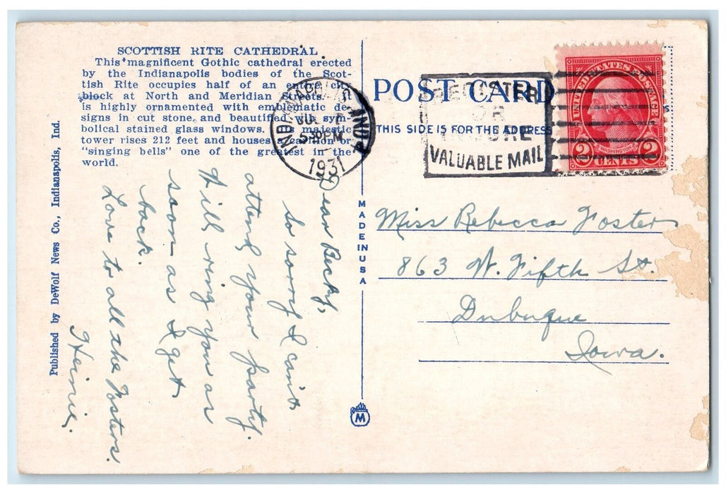 1931 Scottish Rite Cathedral Building Facade Tower Indianapolis IND Postcard