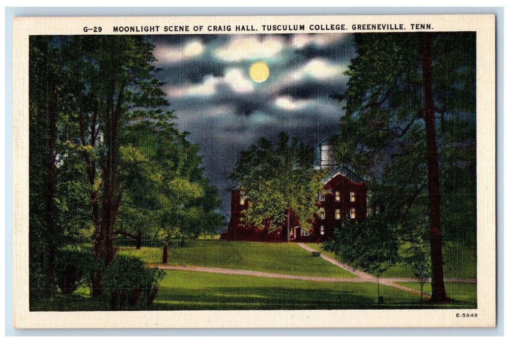 c1930's Moonlight Scene Of Craig Hall Tusculum College Greeneville TN Postcard