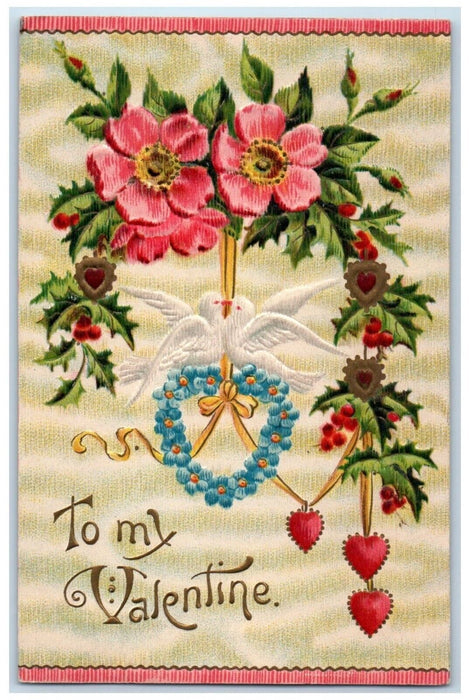 c1910's Valentine Dove Kissing Hearts Pansies Flowers Embossed Antique Postcard