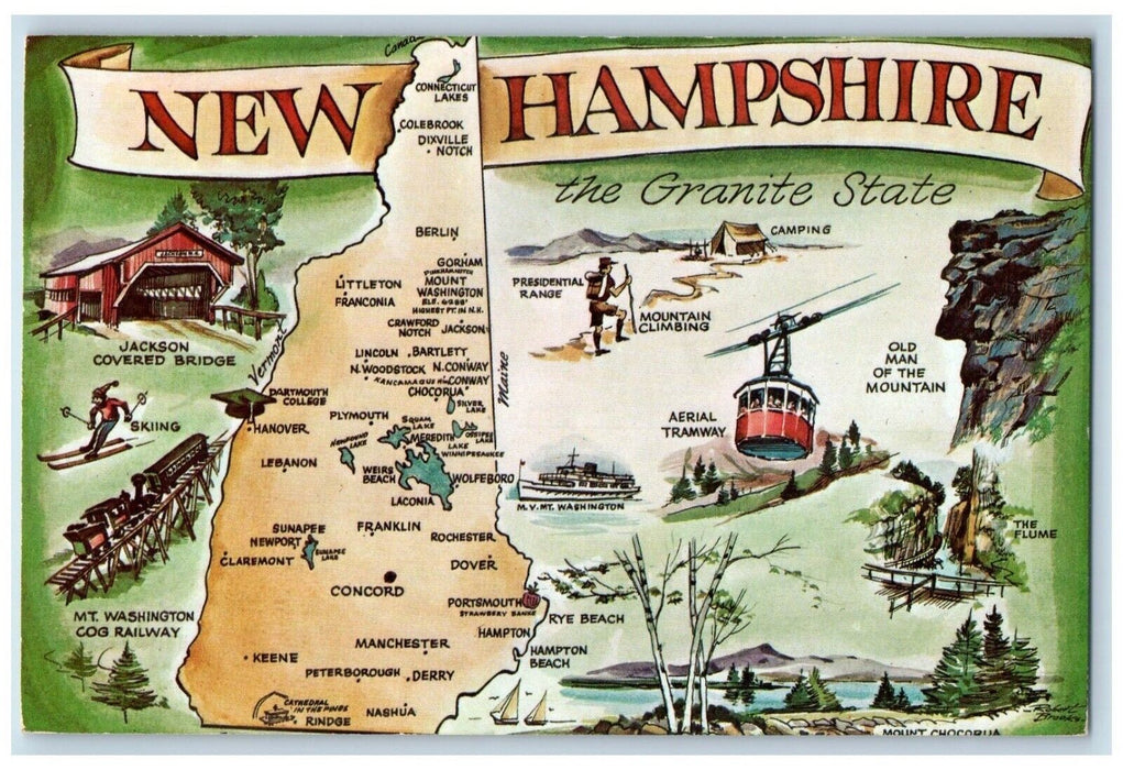 c1910 Granite State Historic Sights Map Tourist Spot  New Hampshire NH Postcard