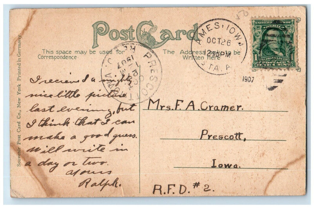 1907 View Of Campanile And Central Hall ISC Ames Iowa IA Antique Postcard