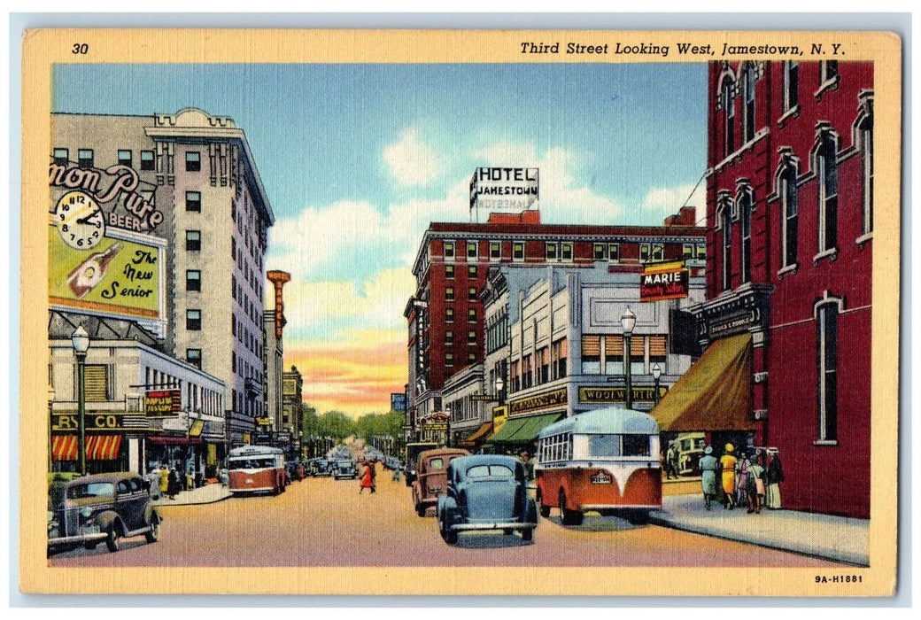 c1950 Third Street Looking West Downtown Classic Cars Van Jamestown NY Postcard