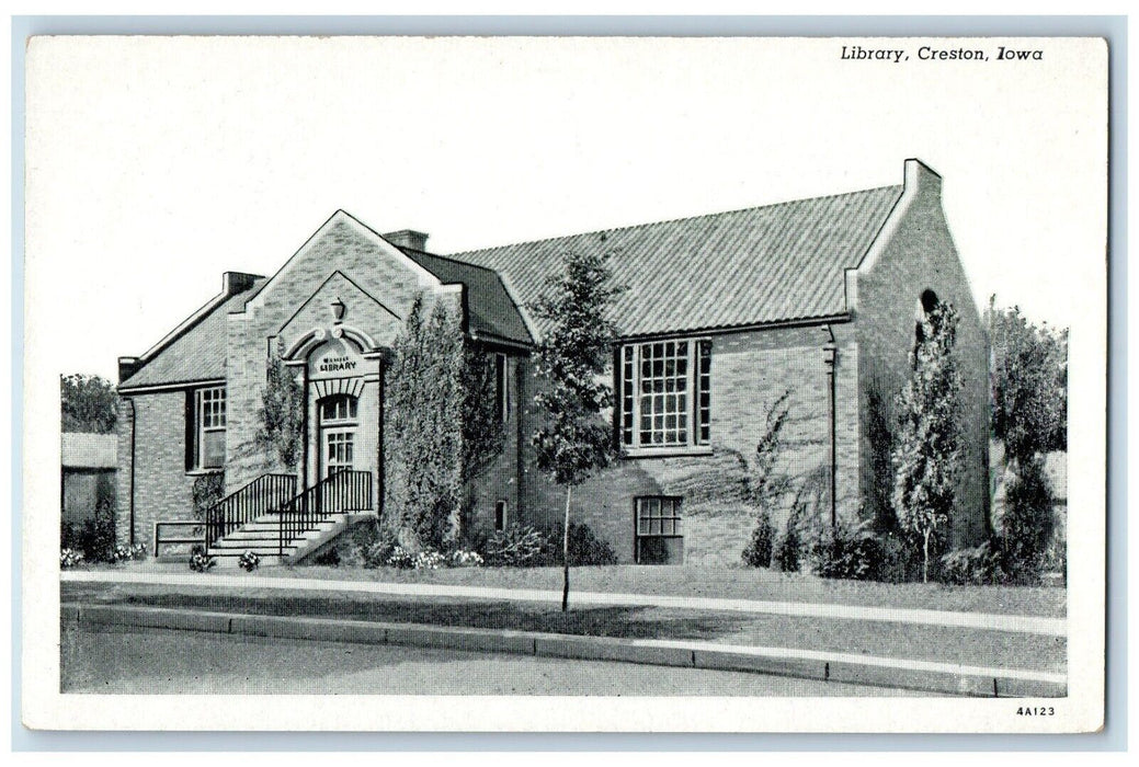 c1930's Library Building Scene Street Creston Iowa IA Unposted Vintage Postcard