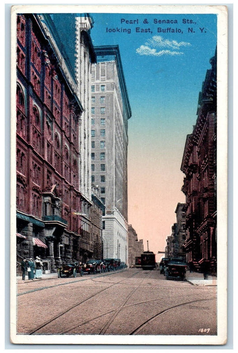 c1950's Pearl Senaca Sts. Looking East Classic Cars Rail Way Buffalo NY Postcard