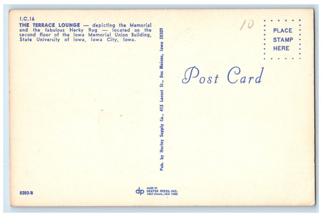Iowa City IA, Terrace Lounge Memorial Union Building State University Postcard