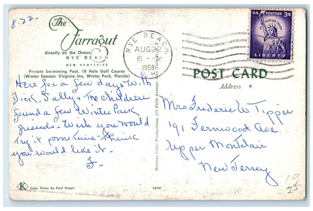 1958 The Farragut Directly On Ocean Rye Beach New Hampshire NH Vintage Postcard