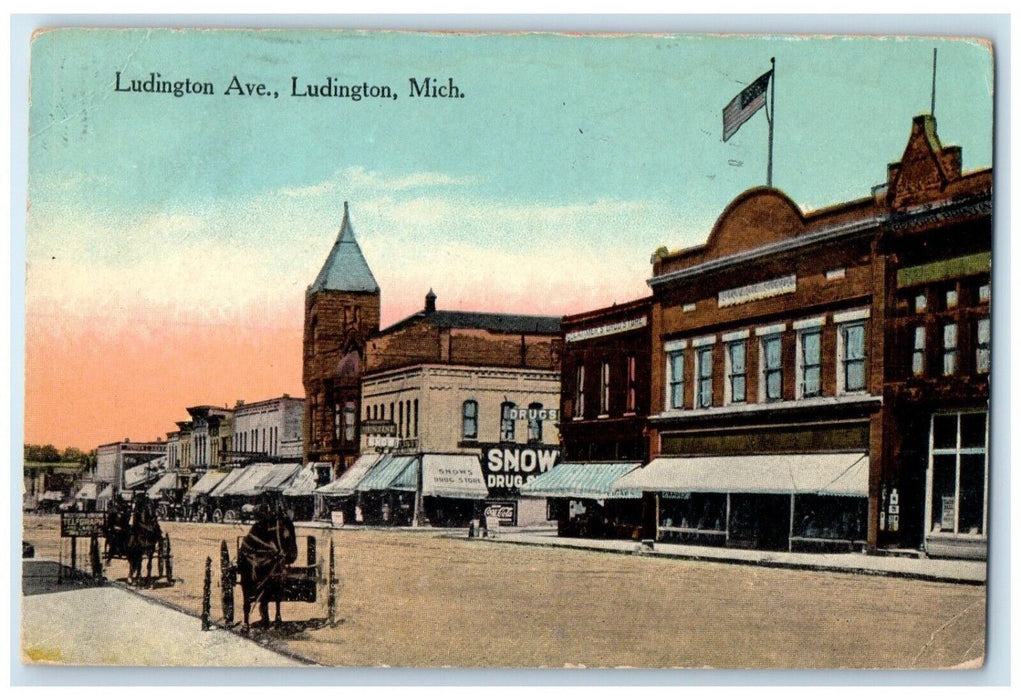 c1915 Ludington Avenue Snow Drugstore Horse Carriage Ludington Michigan Postcard