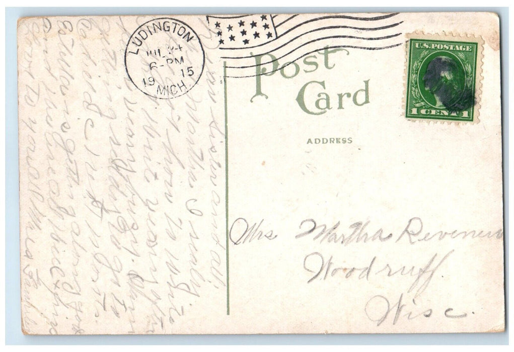 c1915 Ludington Avenue Snow Drugstore Horse Carriage Ludington Michigan Postcard