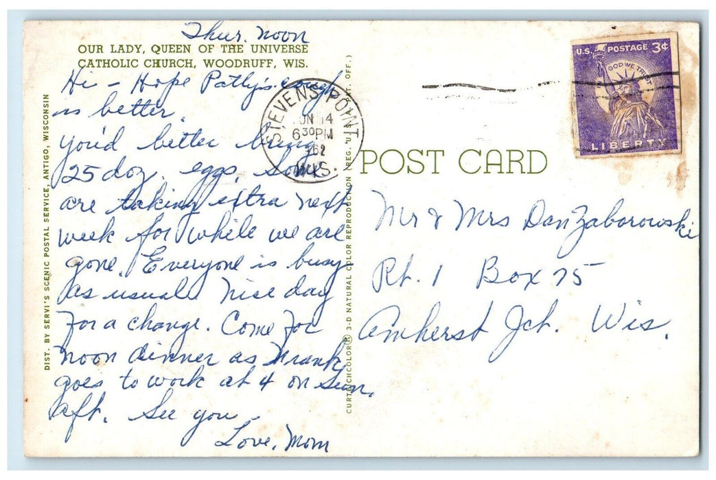 1962 Our Lady Queen Universe Catholic Church Woodruff Wisconsin Vintage Postcard