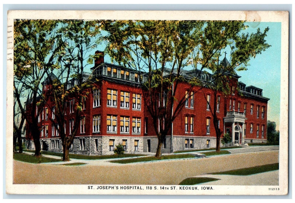 1936 St. Joseph's Hospital Building Side View Entrance Keokuk Iowa IA Postcard