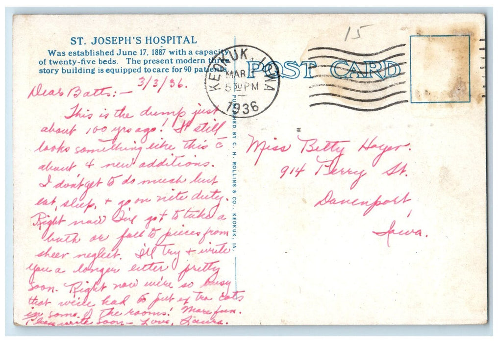 1936 St. Joseph's Hospital Building Side View Entrance Keokuk Iowa IA Postcard