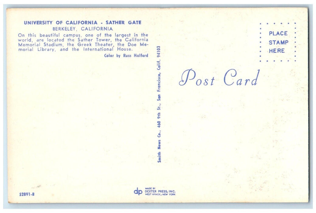 1960 University California Sather Gate Campus Night Berkeley California Postcard
