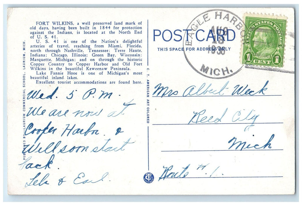 1938 At Trail US 41 Fort Wilkins Copper Harbor Lake Fannie Hooe MI Tree Postcard