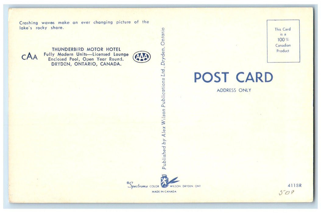 c1950's Crashing Waves Thunderbird Motor Hotel Dryden Ontario Canada Postcard