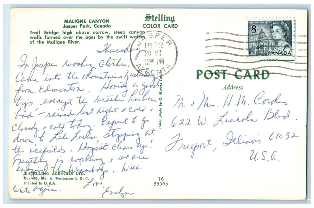 1972 Maligne Canyon Jasper Park Alberta Canada Vintage Posted Postcard