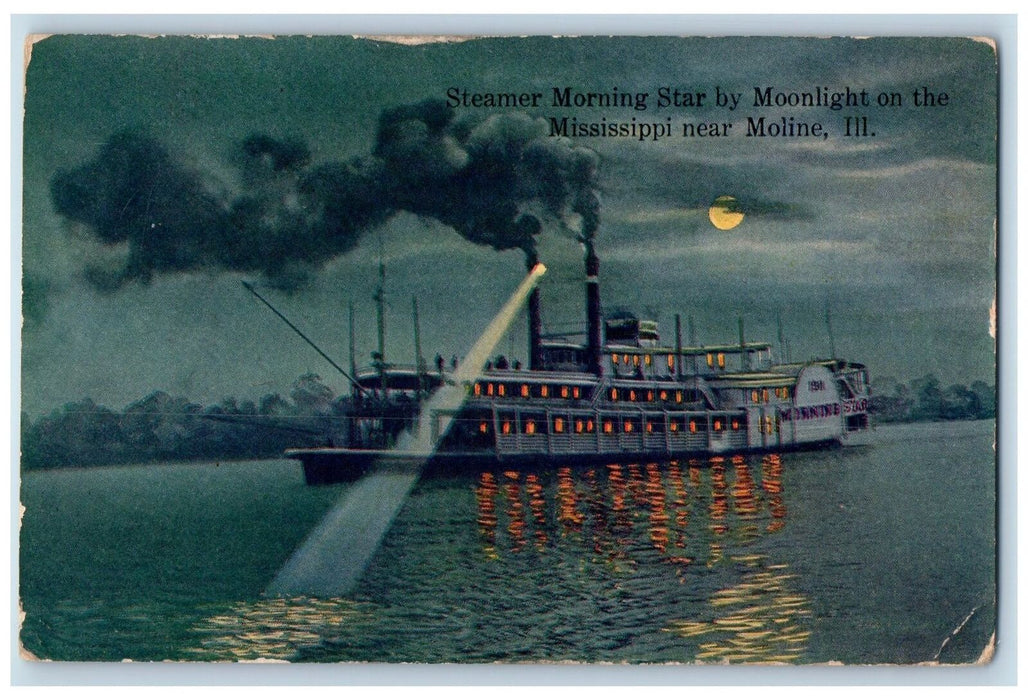 1915 Steamer Morning Star Moonlight On The Mississippi Near Moline IL Postcard